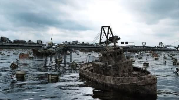 Apocalypse sea view. Destroyed bridge. Armageddon concept. Super realistic 4K animation. — Stock Video