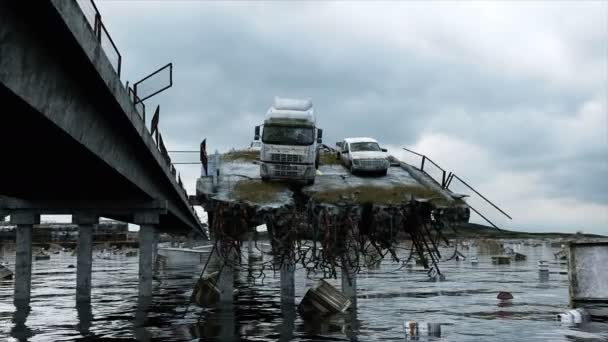 Apocalypse vue mer. Pont détruit. Concept d'Armageddon. Animation 4K super réaliste . — Video