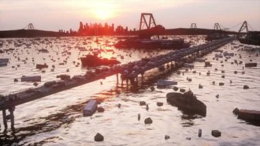 Kıyamet deniz manzaralı. Yıkılan köprü. Armageddon kavramı. Süper gerçekçi 4k animasyon.
