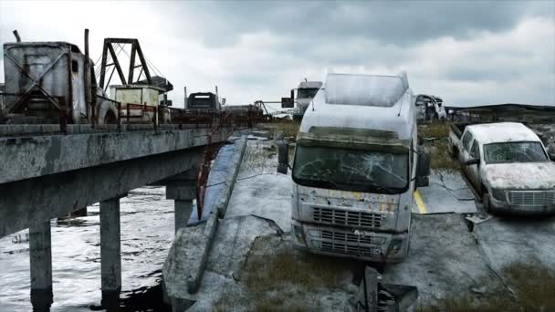 Apocalyps zeezicht. Verwoeste brug. Armageddon concept. Super realistische 4k animatie. — Stockvideo