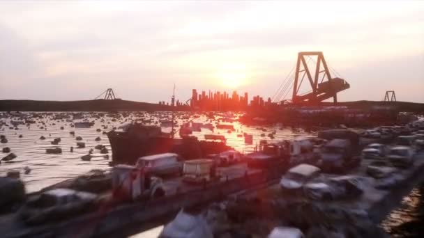 Apocalyps zeezicht. Verwoeste brug. Armageddon concept. Super realistische 4k animatie. — Stockvideo