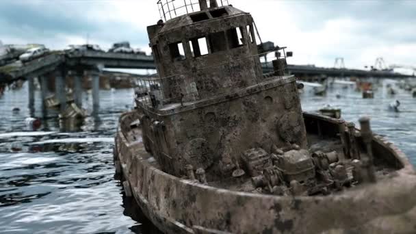 Apocalypse sea view. Destroyed bridge. Armageddon concept. Super realistic 4K animation. — Stock Video