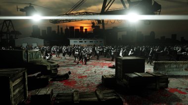 korku zombi kalabalık yürüyüş. Kıyamet görünümü, kavram. 3D render.