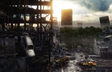 Sis içinde kıyametin şehri. Yok edilen şehrin havadan görüntüsü. Kıyamet konsepti. 3d oluşturma.