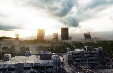 Sis içinde kıyametin şehri. Yok edilen şehrin havadan görüntüsü. Kıyamet konsepti. 3d oluşturma.