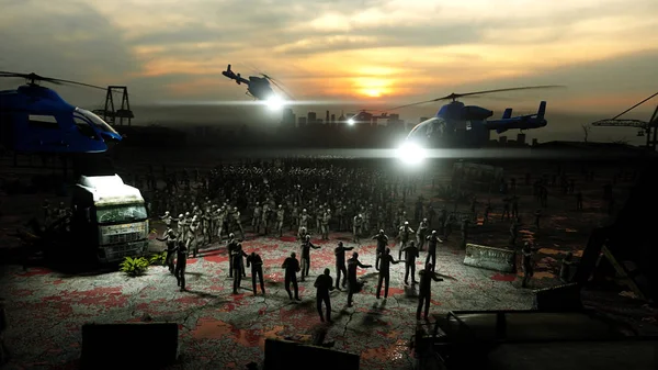 korku zombi kalabalık yürüyüş. Kıyamet görünümü, kavram. 3D render.