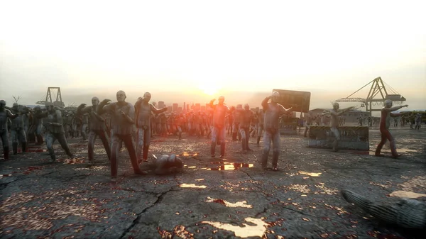 korku zombi kalabalık yürüyüş. Kıyamet görünümü, kavram. 3D render.