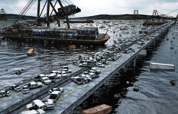 Vista para o mar do Apocalipse. Ponte destruída. Conceito do Armagedom. Renderização 3d . — Fotografia de Stock