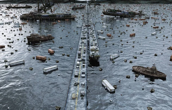 Apokalypse Meerblick. Brücke zerstört. Weltuntergangskonzept. 3D-Darstellung. — Stockfoto