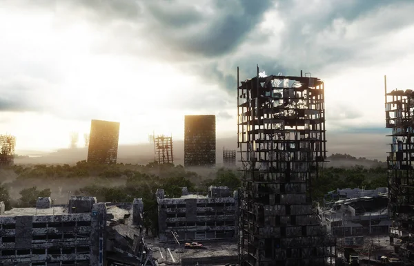 Cidade do Apocalipse em nevoeiro. Vista aérea da cidade destruída. Conceito do Apocalipse. Renderização 3d . — Fotografia de Stock