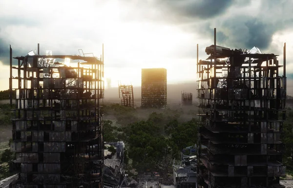 Apokalypse Stadt im Nebel. Luftaufnahme der zerstörten Stadt. Apokalypse-Konzept. 3D-Darstellung. — Stockfoto