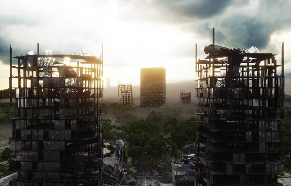 Cidade do Apocalipse em nevoeiro. Vista aérea da cidade destruída. Conceito do Apocalipse. Renderização 3d . — Fotografia de Stock