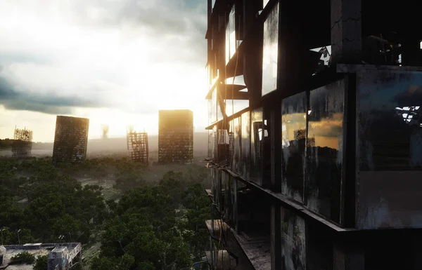Apokalipszis város ködben. A lerombolt város légi kilátása. Apokalipszis koncepció. 3D-s renderelés. — Stock Fotó