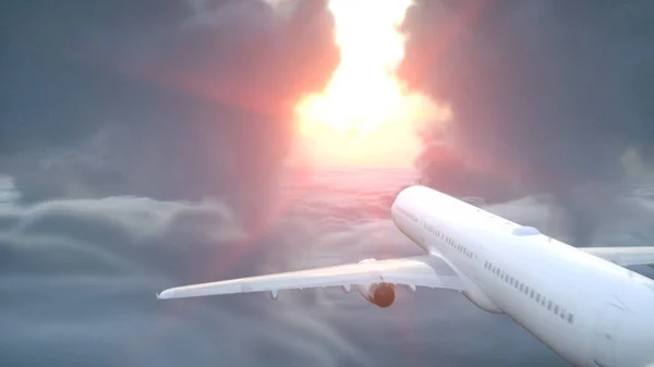 Über Wolken Luftaufnahme. Fliegendes Flugzeug. wunderbarer Sonnenuntergang. 3D-Darstellung. — Stockfoto
