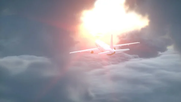 Ponad chmury z lotu ptaka. Latanie samolotem. Wonderfull zachód słońca. renderowania 3D. — Zdjęcie stockowe