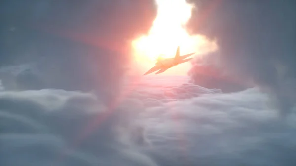 Sobre nuvens vista aérea. Avião militar voador. Maravilhoso pôr-do-sol. Renderização 3d . — Fotografia de Stock