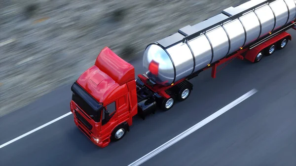 Petroliera, rimorchio, camion sull'autostrada. Guida molto veloce. rendering 3d . — Foto Stock