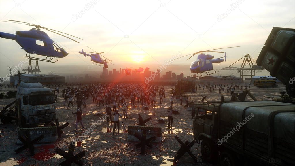 horror zombie crowd walking. Apocalypse view, concept. 3d rendering.