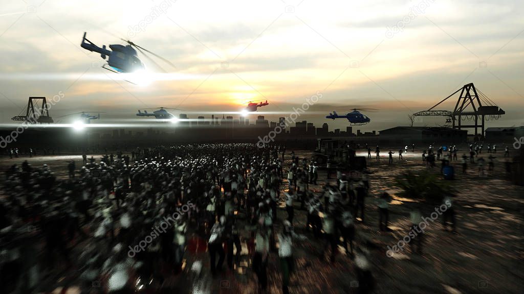 horror zombie crowd walking. Apocalypse view, concept. 3d rendering.