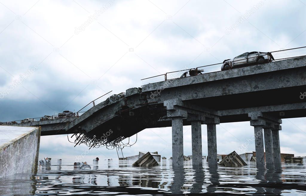 Apocalypse sea view. Destroyed bridge. Armageddon concept. 3d rendering.