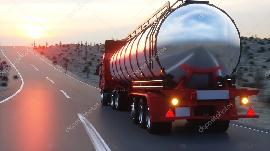 Gasoline tanker, Oil trailer, truck on highway. Very fast driving. 3d rendering.