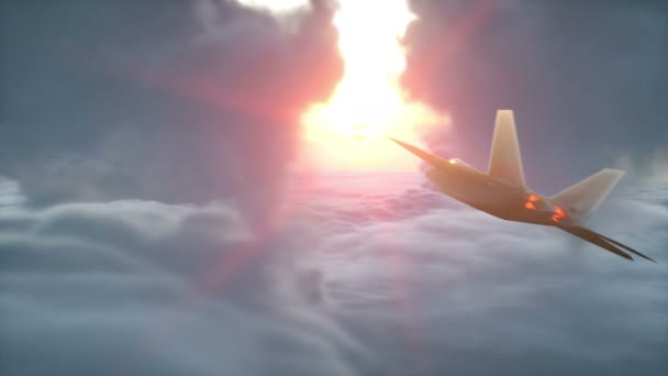 Over clouds aerial view. flying military jet plane. Wonerfull sunset. Realistic 4k animation. — Stock Video