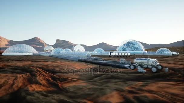 Mars base, colony. Expedition on alien planet. Aerial view. Geo capsyles. Life on Mars. — Stock Video