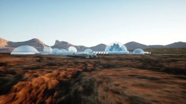 Mars temel, koloni. Sefer yabancı gezegende. Havadan görünümü. Geo capsyles. Mars'ta yaşam.