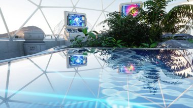 Uzay Laboratuvarı, bilim-kurgu iç. Mars'ta, yabancı gezegenin yaşam. Bitkiler alan. 3D render.