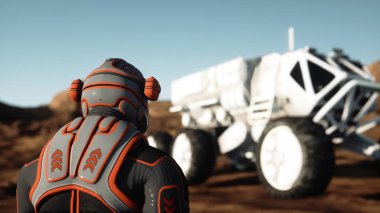 Astronot yabancı gezegende yürümek. Mars Mars. Sci fi - kavramı. 3D render.
