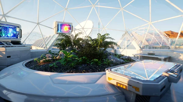 Ruimtelaboratorium, sci-fi interieur. leven op mars, buitenaardse planeet. Planten in de ruimte. 3D-rendering. — Stockfoto