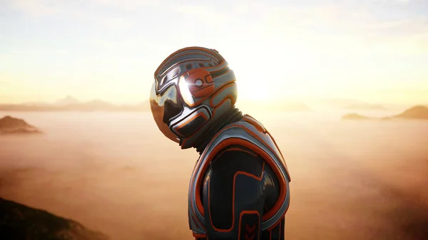 Astronot yabancı gezegende yürümek. Mars Mars. Sci fi - kavramı. 3D render.