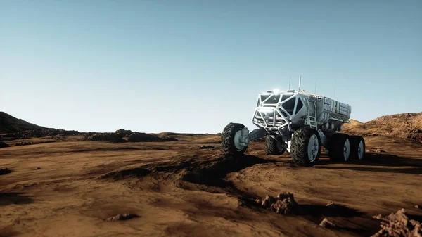 Transportul expediţiei pe Marte, roverul lui Marte. Baza de pe planeta extraterestră. Redare 3d . — Fotografie, imagine de stoc