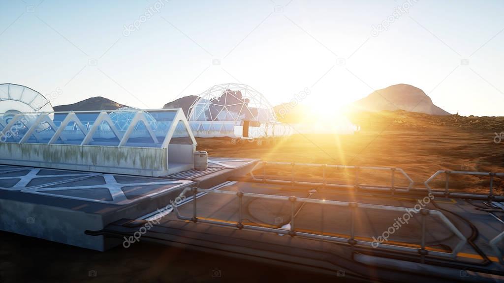 Mars base, colony. Expedition on alien planet. Aerial view. Geo capsyles. Life on Mars. 3d rendering.