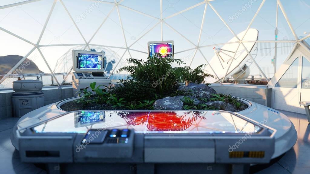 space laboratory, sci-fi interior. life on mars, alien planet. Plants in the space. 3d rendering.