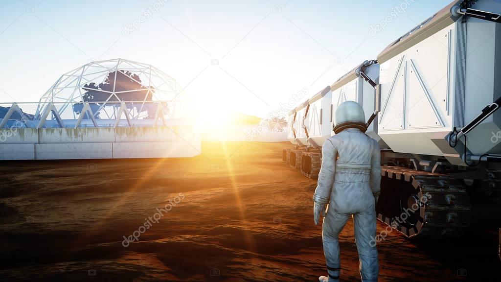 Astronaut walk on alien planet. Martian on mars. Sci -fi concept. 3d rendering.