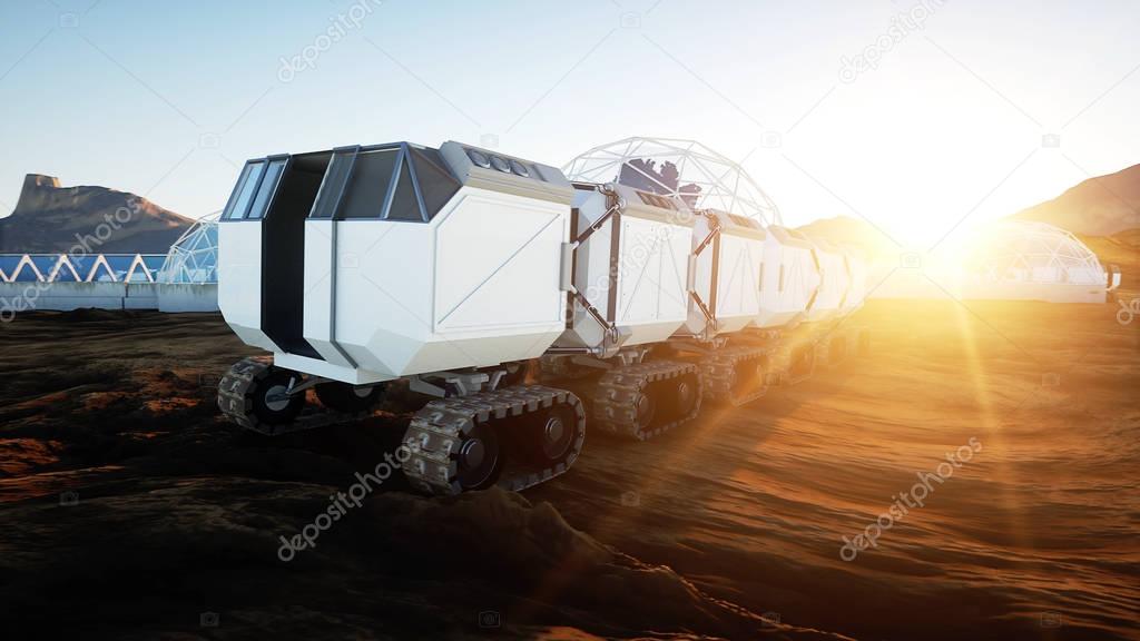 Mars expedition transport, mars rover. Base on alien planet. 3d rendering.