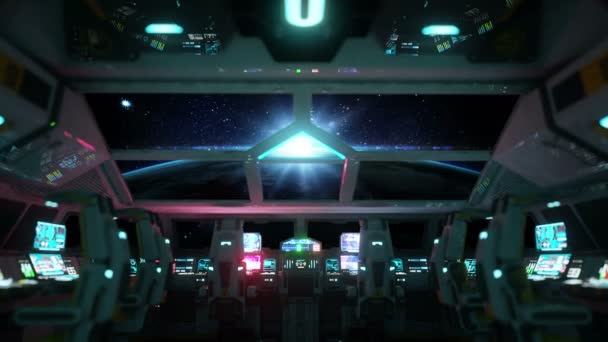 Space ship futuristic interior. Sunrise view from cabine. Galactic travel concept. — Stock Video