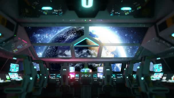 Космічний корабель футуристичний інтер'єр. Вид на Землю з кабіни. Галактична концепція подорожей . — стокове відео