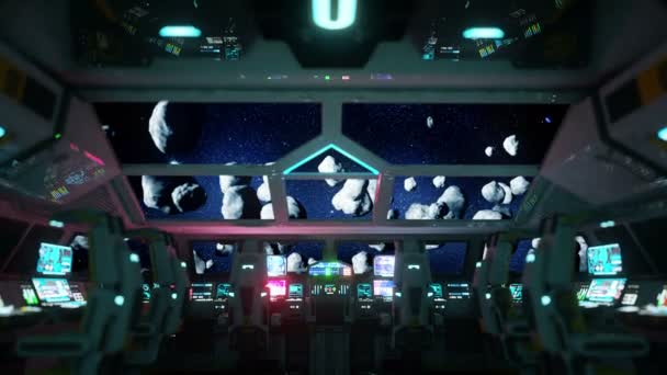 Nave espacial interior futurista. Meteoritos vista desde la cabaña. Concepto de viaje galáctico . — Vídeos de Stock