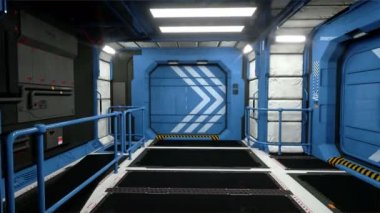 Uzay gemisi fütüristik iç. Sci fi görünümü. Uçuş koridoru. Yeşil ekran.