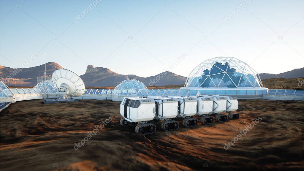 Mars expedition transport, mars rover. Base on alien planet. 3d rendering.