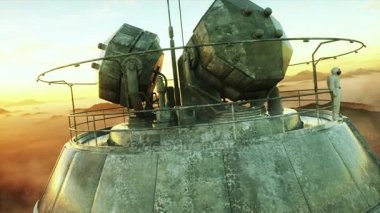 Yabancı gezegende yalnız astronot. Marslı metal temel. Gelecekteki kavramı. 4k