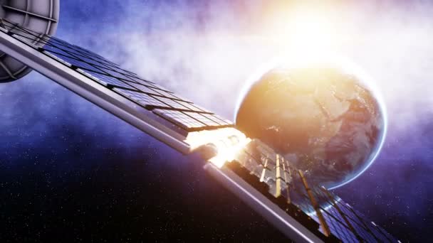 Satellite dans l'espace. vue sur la terre. Au lever du soleil. Animation 4k .