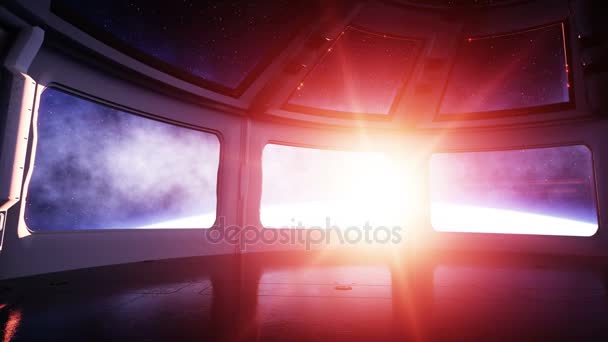 Nave espacial futurista interior. Sala de ciencia ficción. vista de la tierra, maravilloso amanecer. Concepto espacial . — Vídeo de stock