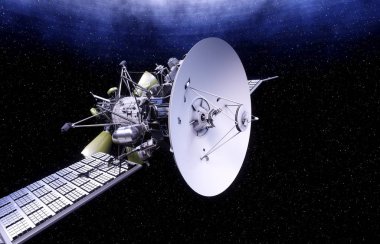 Uzayda uydu. görünümü. Güneş doğuyor. 3D render.