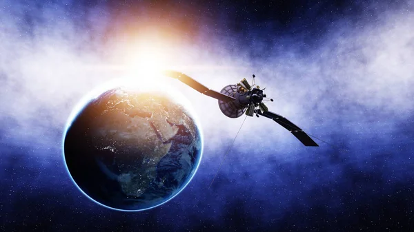 Satelliten i rymden. vy av jorden. Soluppgång. 3D-rendering. — Stockfoto