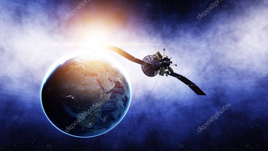 Satellite in space. view of the earth. Sunrise. 3d rendering.