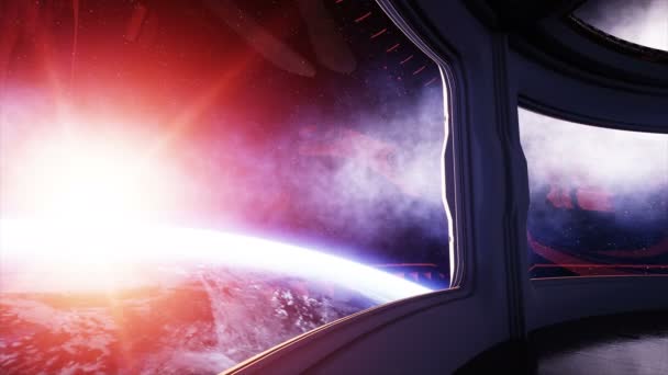 Space ship futuristische interieur. Sci fi kamer. weergave van de aarde, prachtige zonsopgang. Concept van de ruimte. — Stockvideo