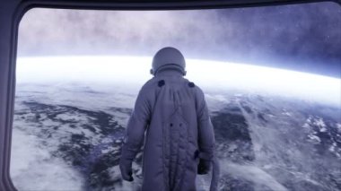 Yalnız astronot fütüristik uzay, Oda. görünümü. sinema 4 k görüntüleri.